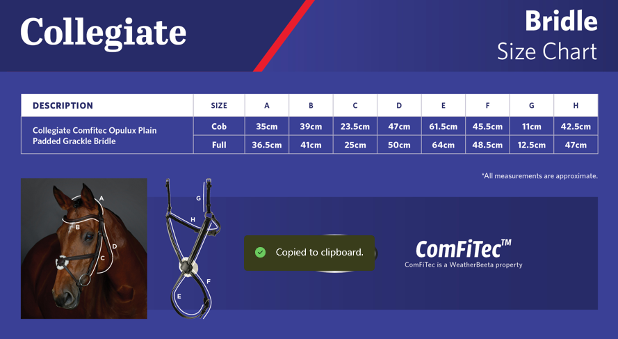 Collegiate Comfitec Opulux Plain Padded Grackle Bridle  Size Chart